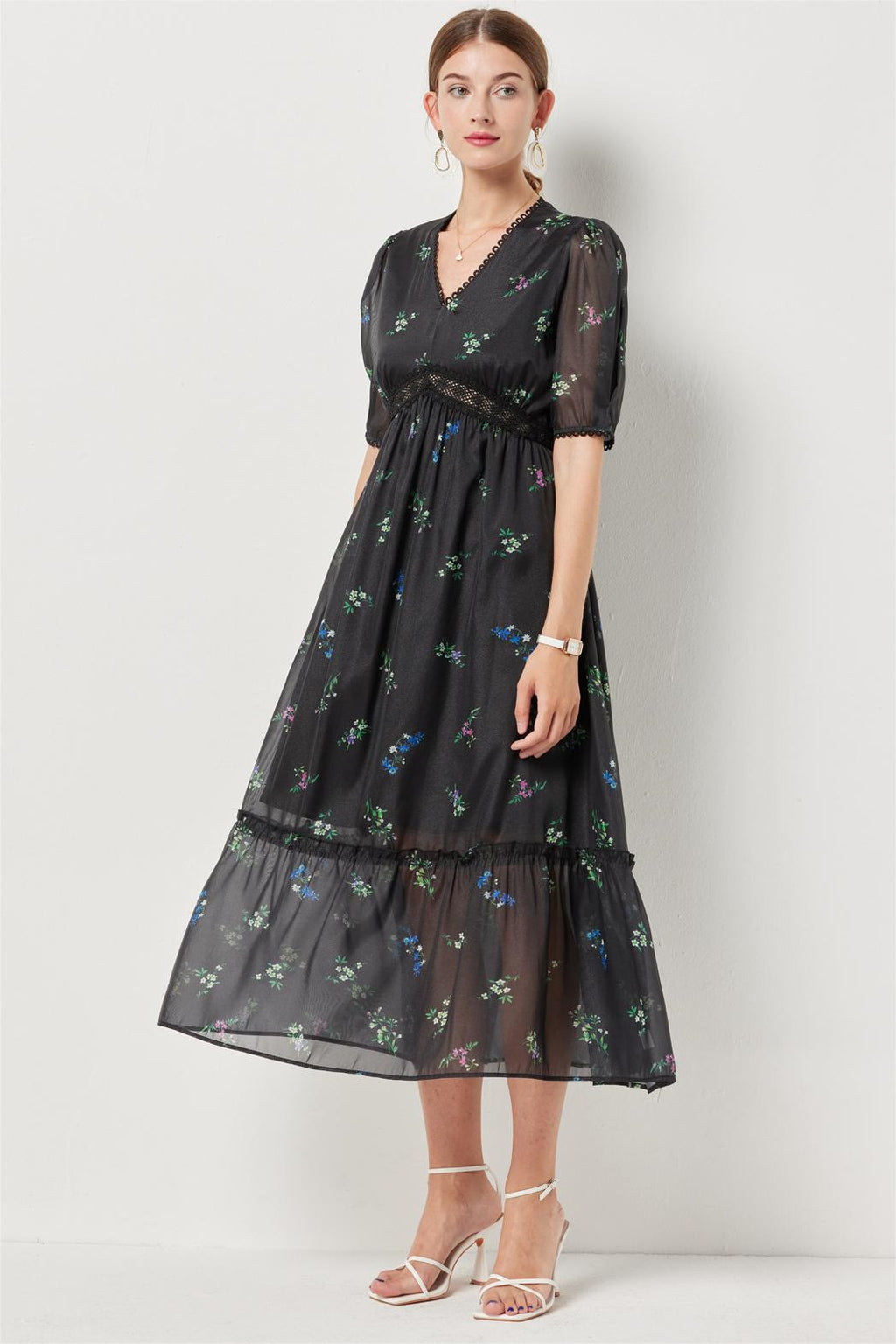 Lace Puff Sleeve Midi Dress