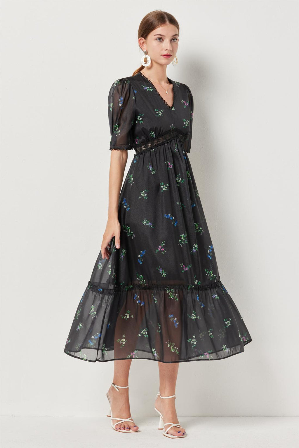 Lace Puff Sleeve Midi Dress