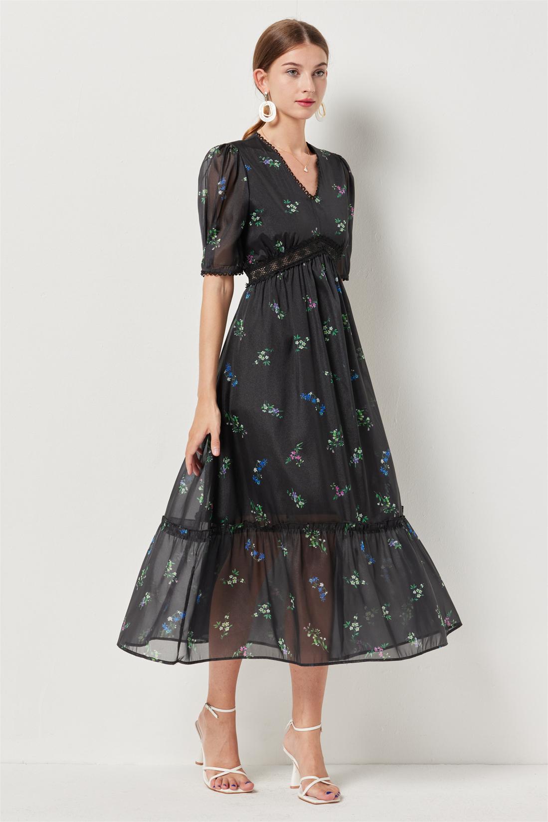 Lace Puff Sleeve Midi Dress