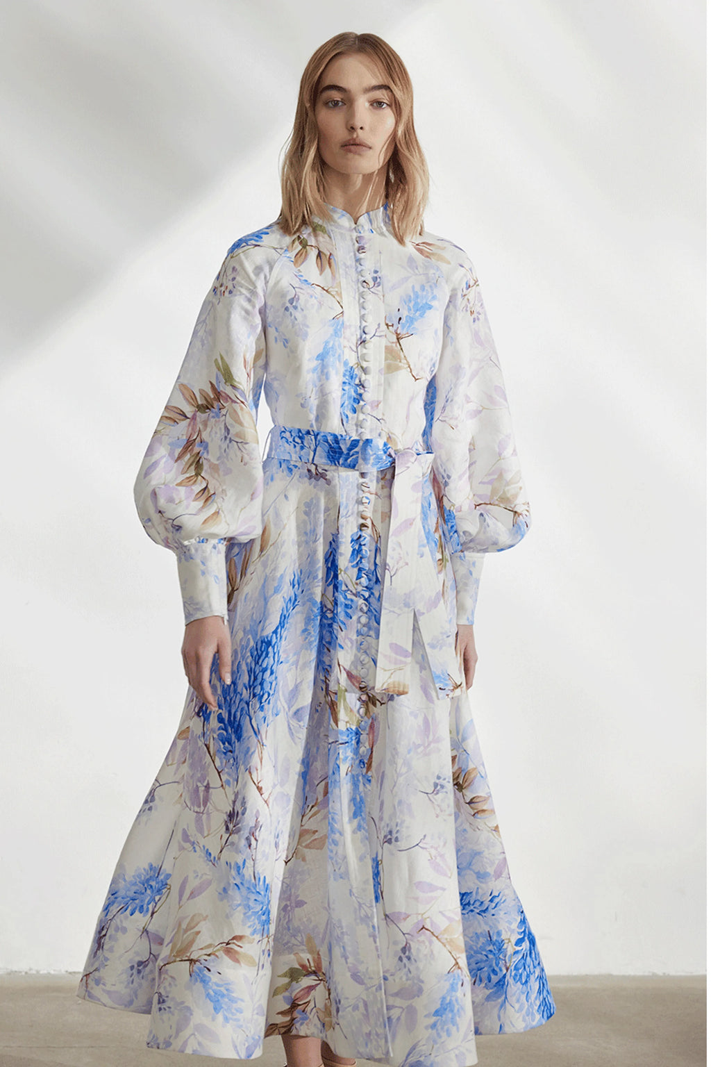 Button Lantern Sleeve Midi Dress
