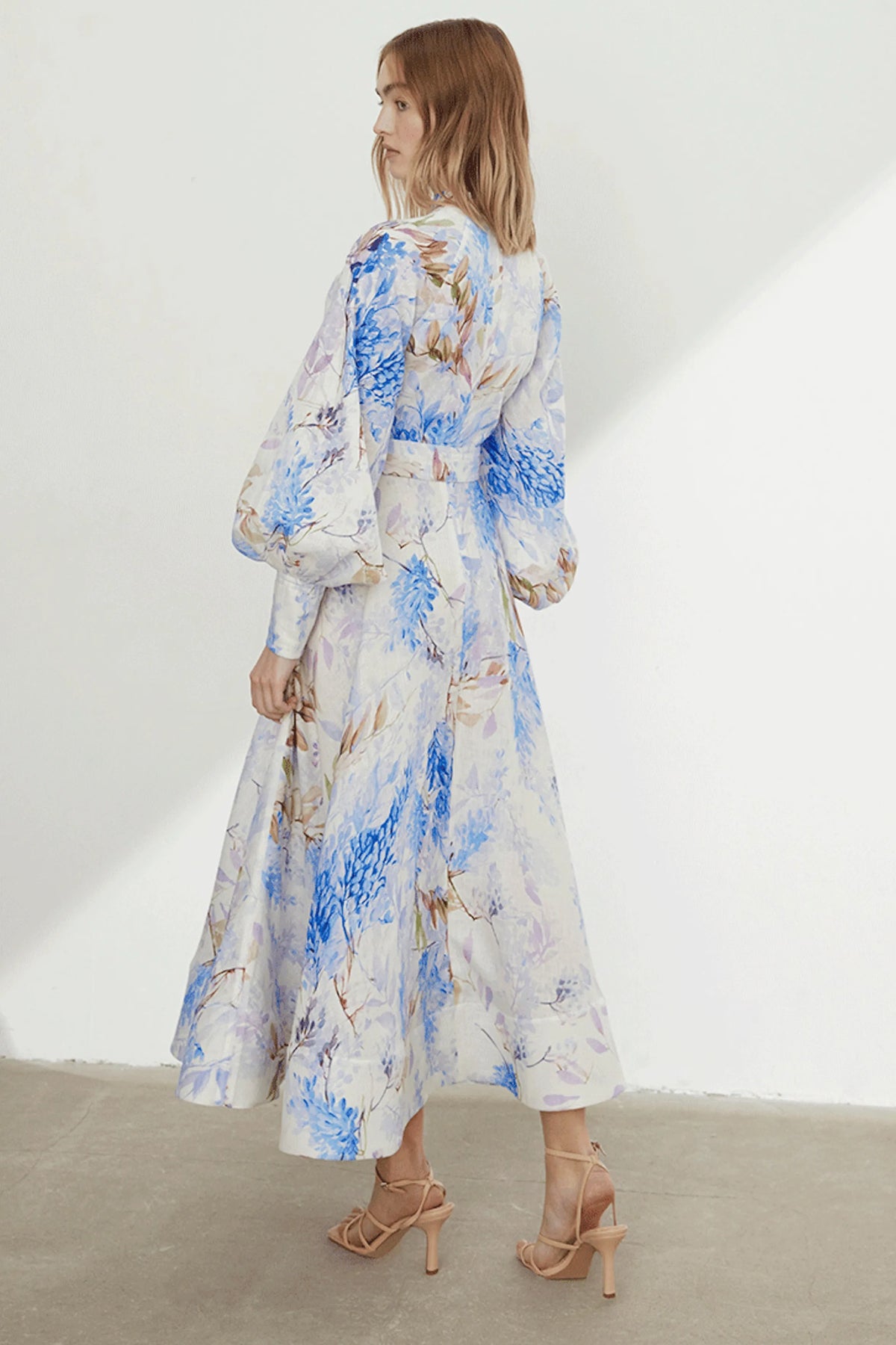 Button Lantern Sleeve Midi Dress