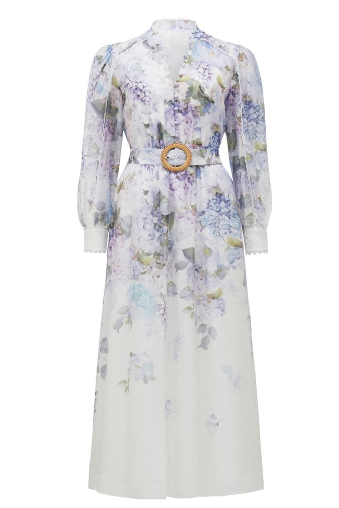 Lace Button Long Sleeve Maxi Dress With Belt