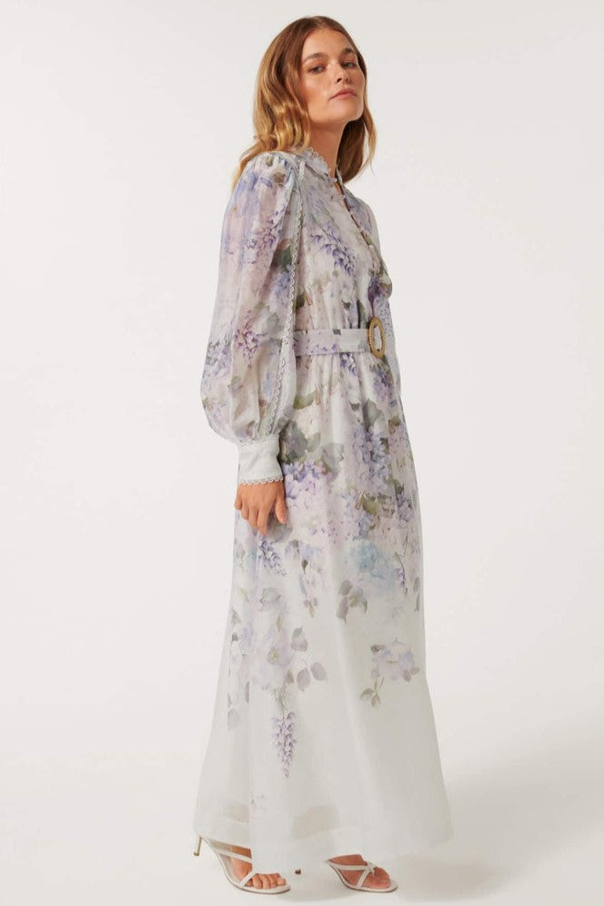Lace Button Long Sleeve Maxi Dress With Belt