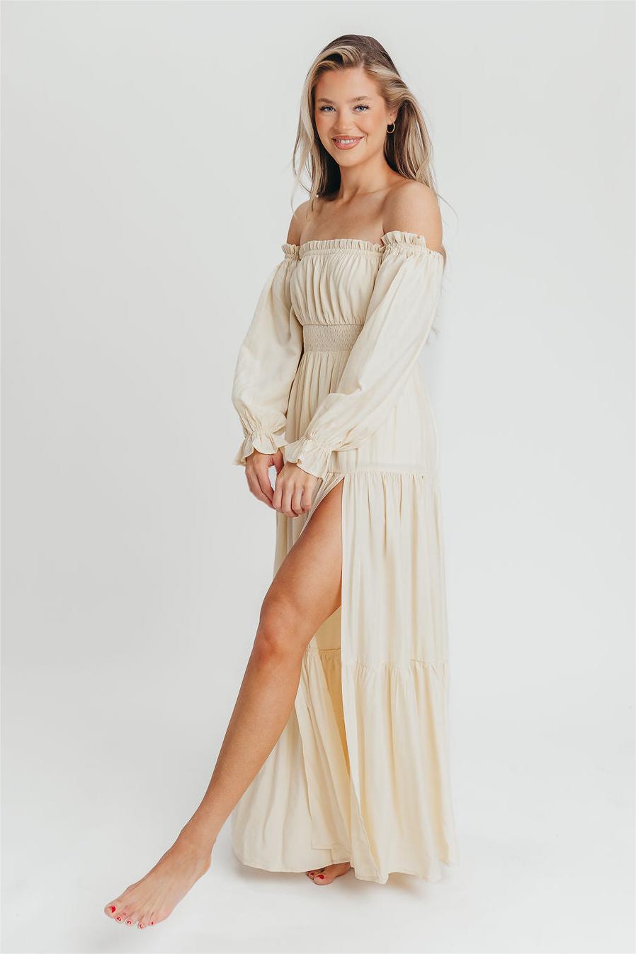 Off-shoulder Smocking Long Sleeve Split Midi Dress