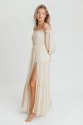 Off-shoulder Smocking Long Sleeve Split Midi Dress