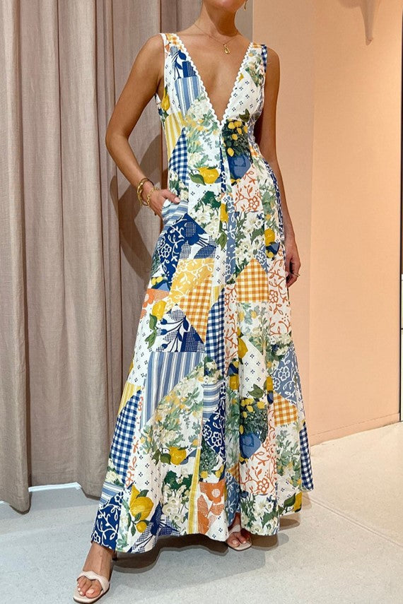 V-neck Sleeveless Splicing Maxi Dress