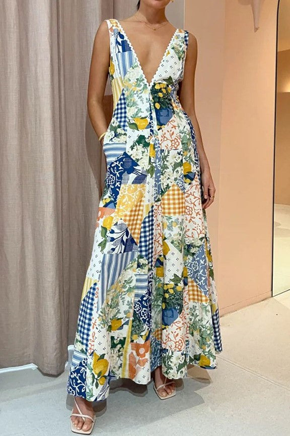 V-neck Sleeveless Splicing Maxi Dress