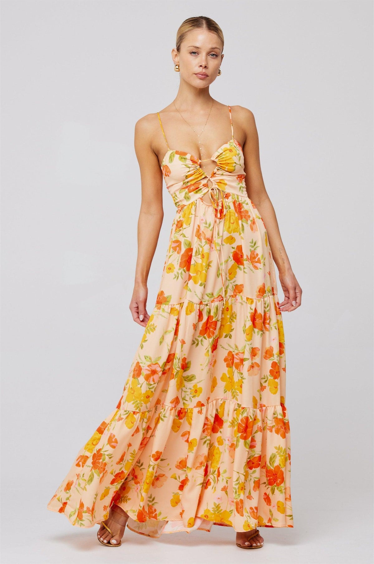 Shirring Lace-up Sleeveless Maxi Dress