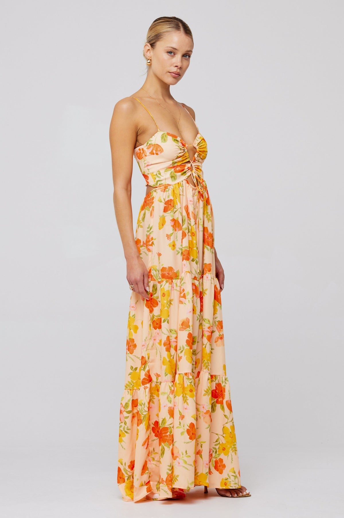 Shirring Lace-up Sleeveless Maxi Dress