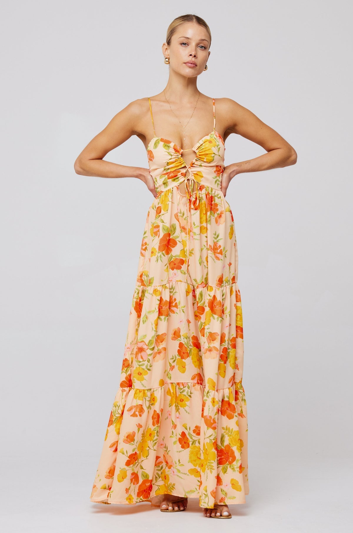Shirring Lace-up Sleeveless Maxi Dress