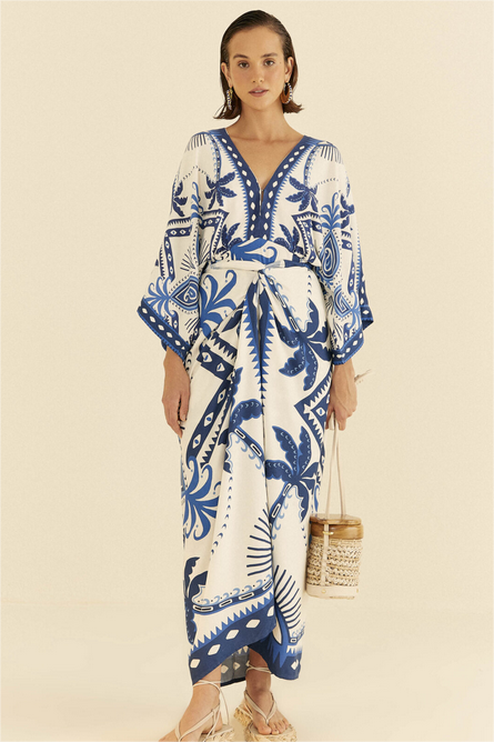 Paisley Print Lace Up Long Sleeve Midi Dress