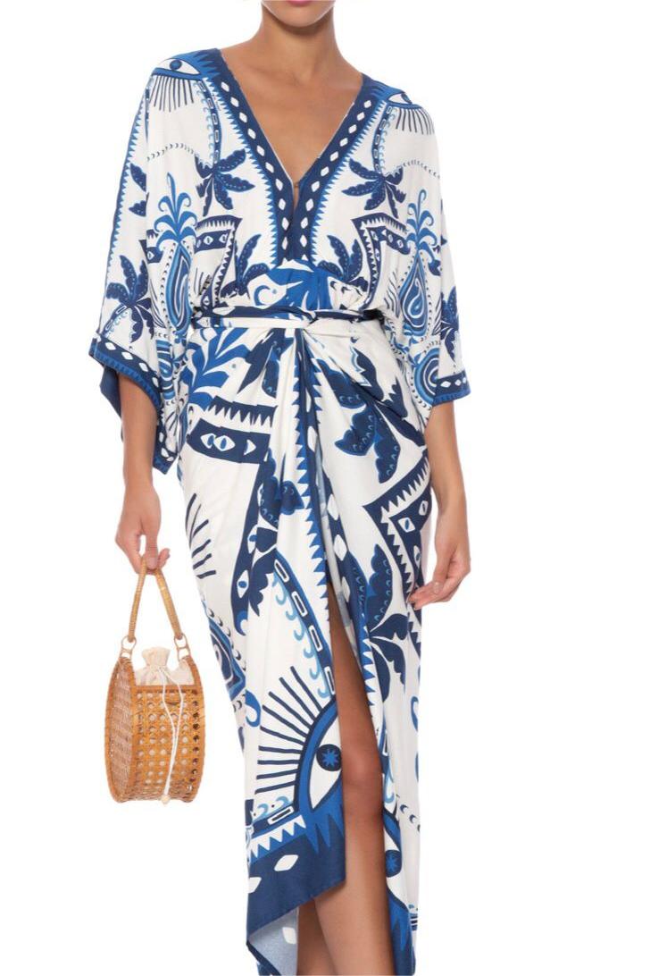 Paisley Print Lace Up Long Sleeve Midi Dress