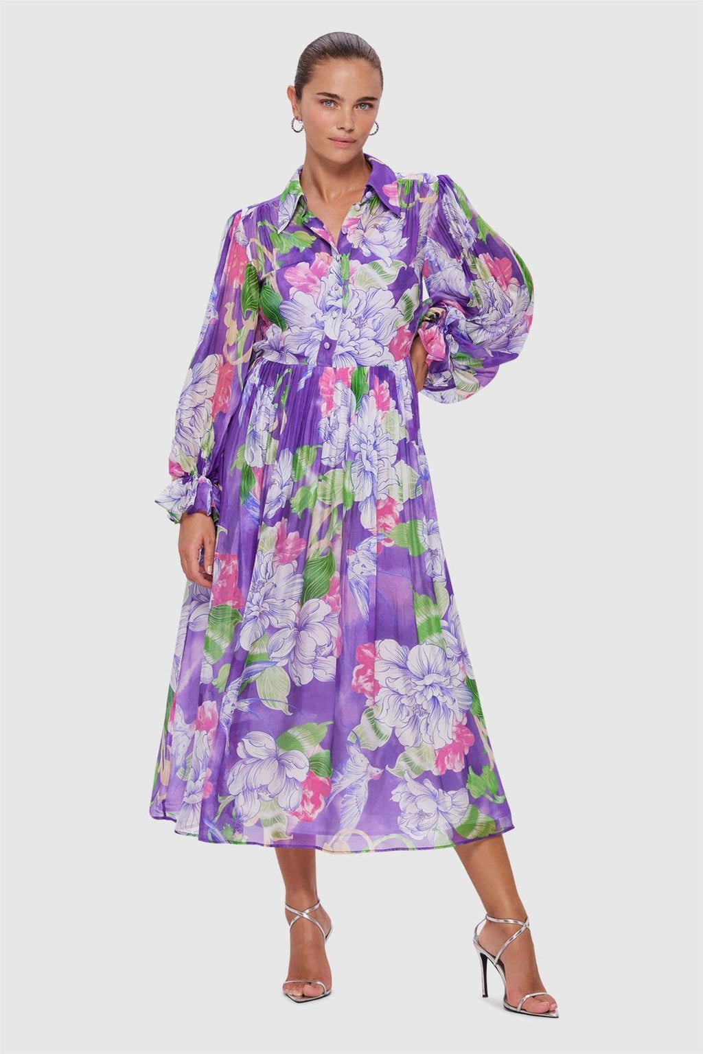 Lantern Sleeve Lace-up Midi Dress