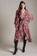 Abstract Print V-neck Frill Midi Dress