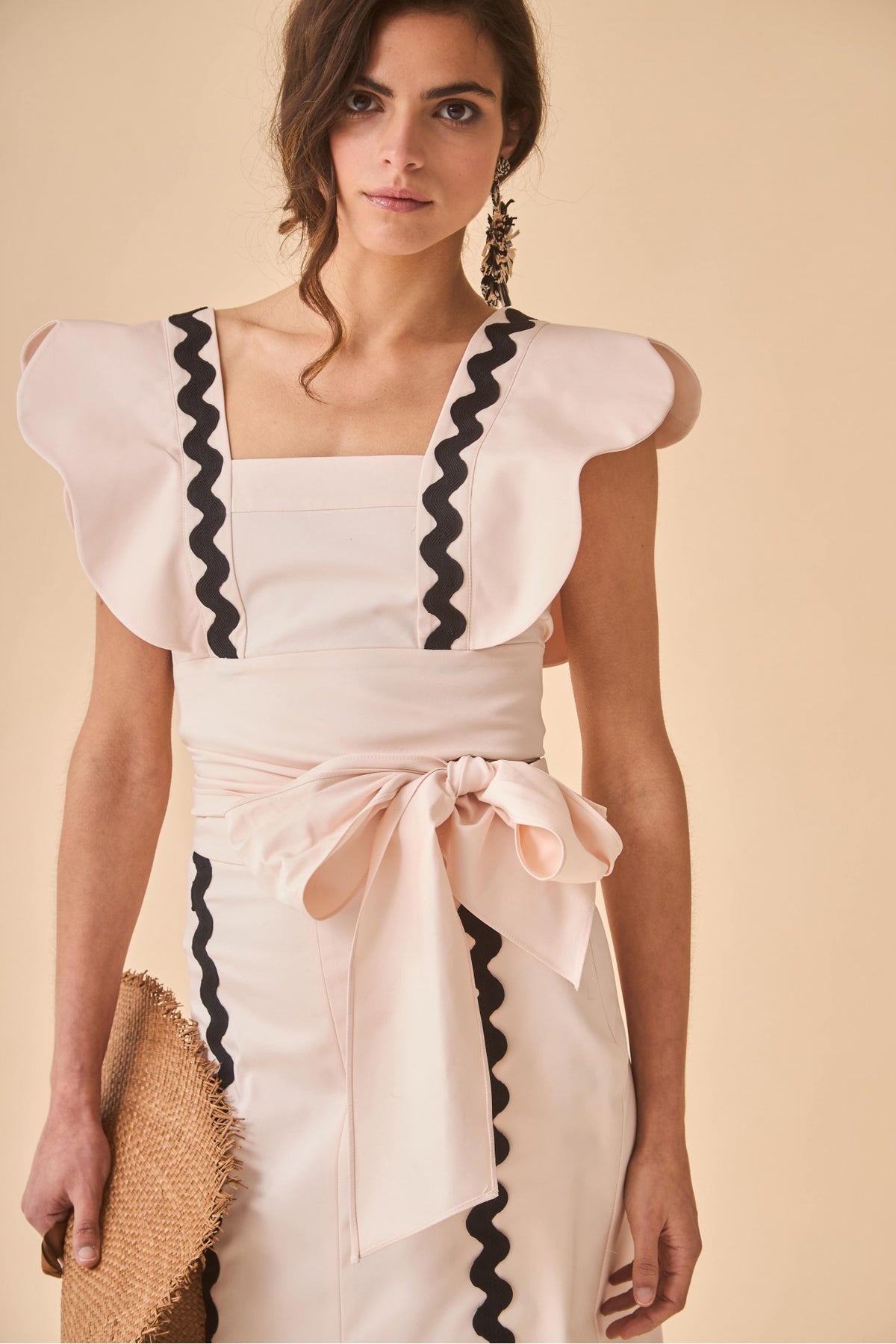 Wavy Line Backless Square Collar Midi Dress With Belt