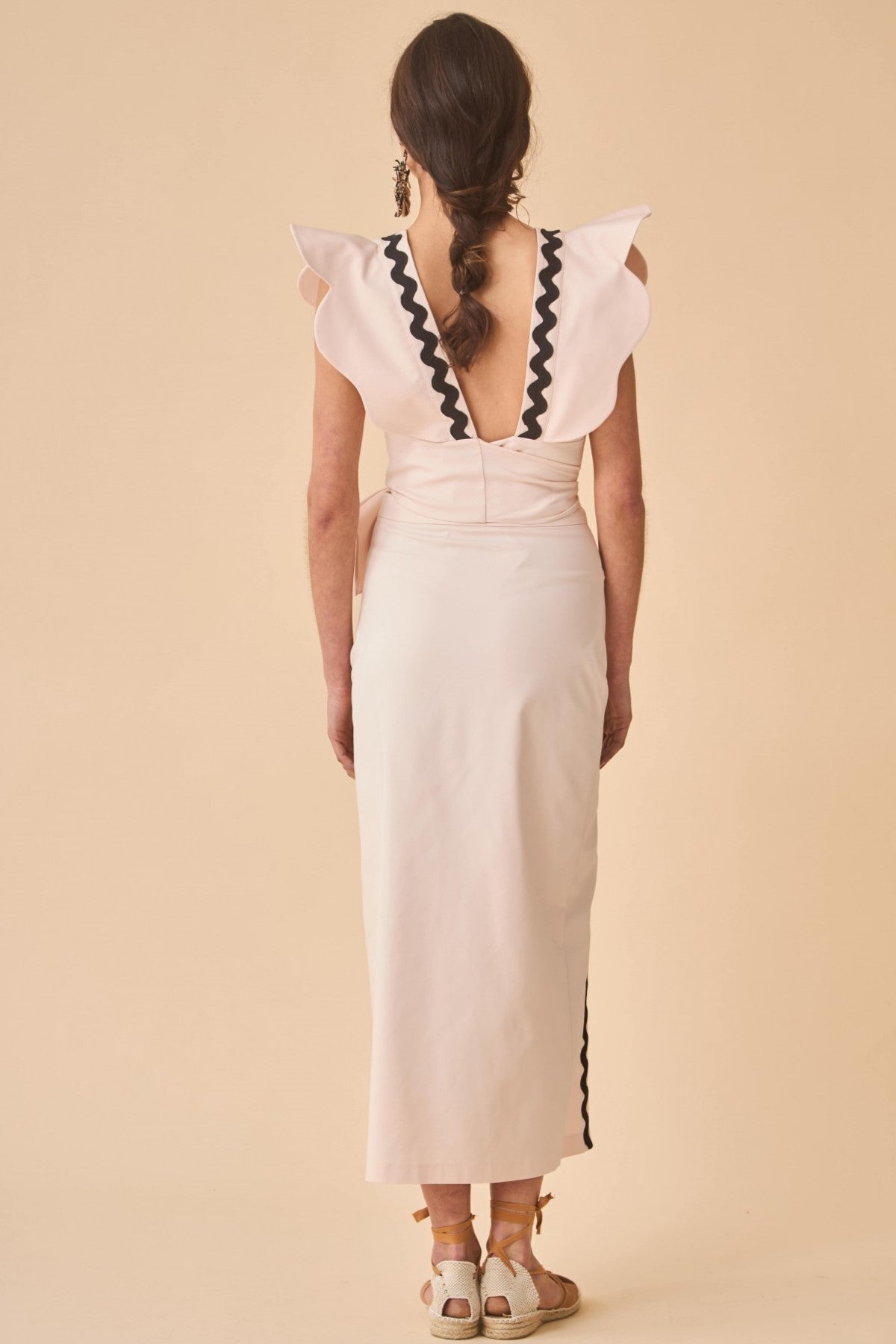 Wavy Line Backless Square Collar Midi Dress With Belt