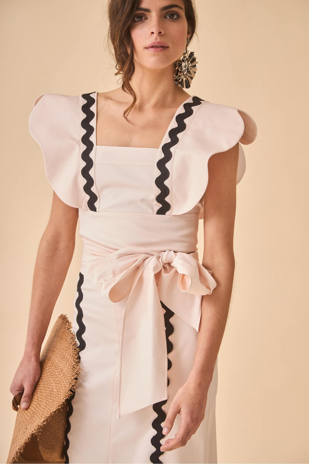 Wavy Line Backless Square Collar Midi Dress With Belt