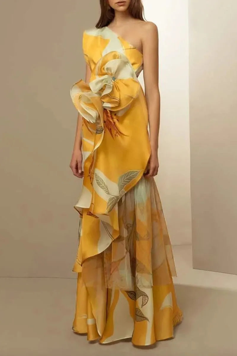 3d One-shoulder Ruffle Maxi Dress