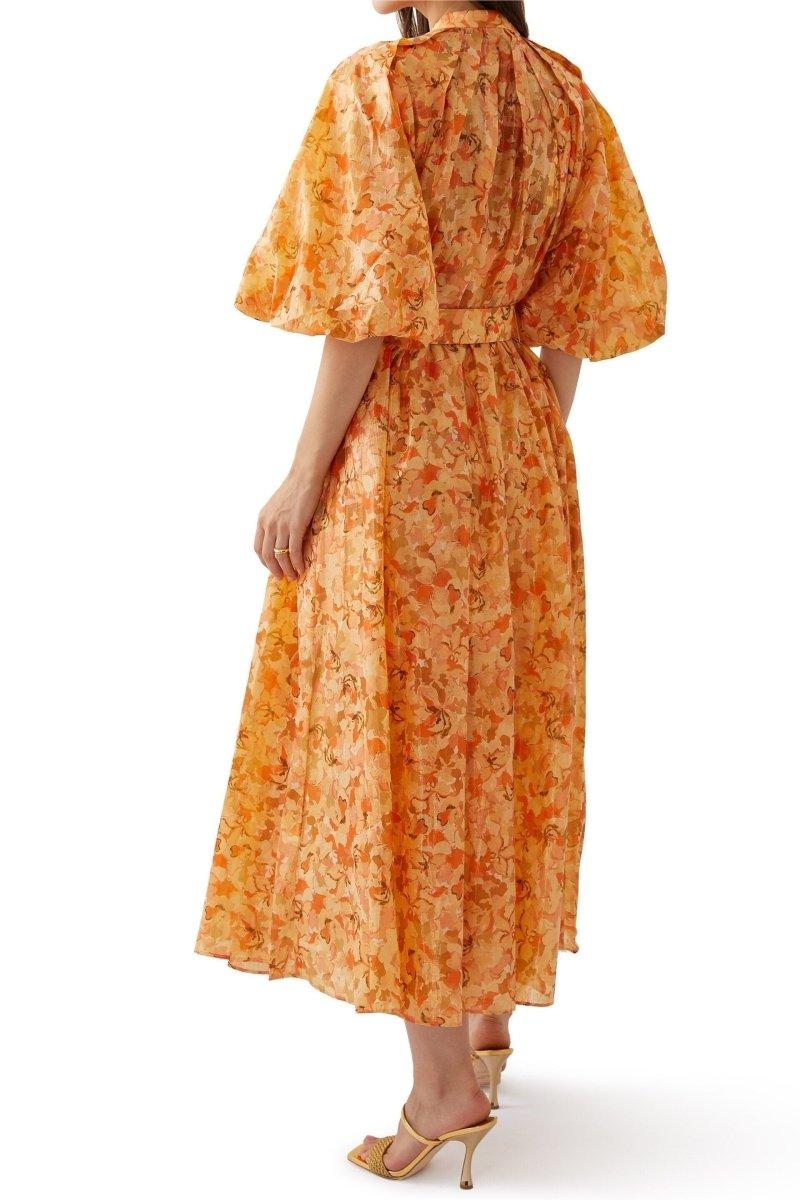 Puff Sleeve Midi Dress With Belt