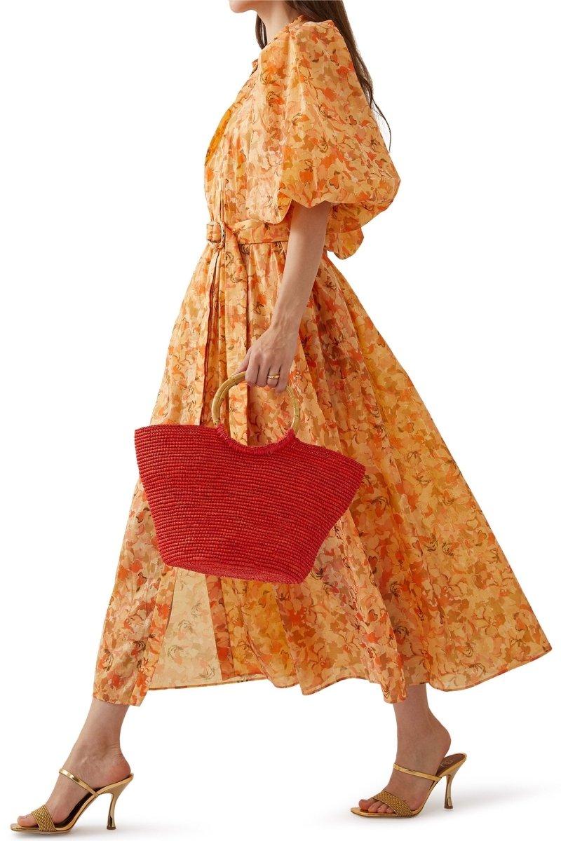 Puff Sleeve Midi Dress With Belt