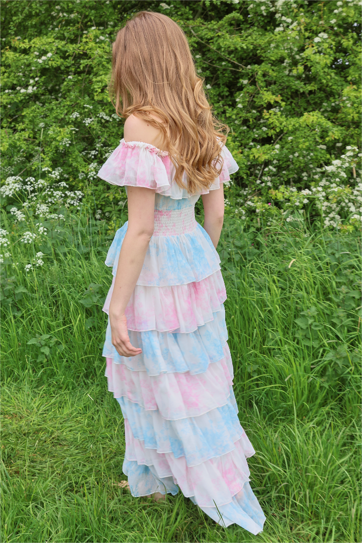 Tie Dye Ruffle Off-shoulder Midi Dress