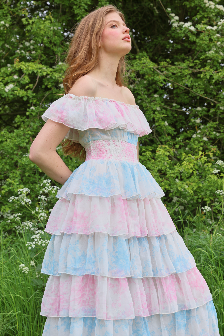 Tie Dye Ruffle Off-shoulder Midi Dress