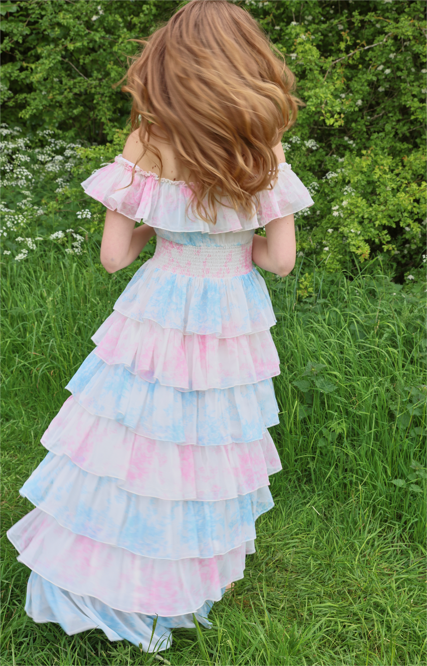 Tie Dye Ruffle Off-shoulder Midi Dress