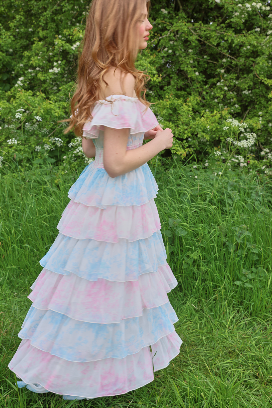 Tie Dye Ruffle Off-shoulder Midi Dress