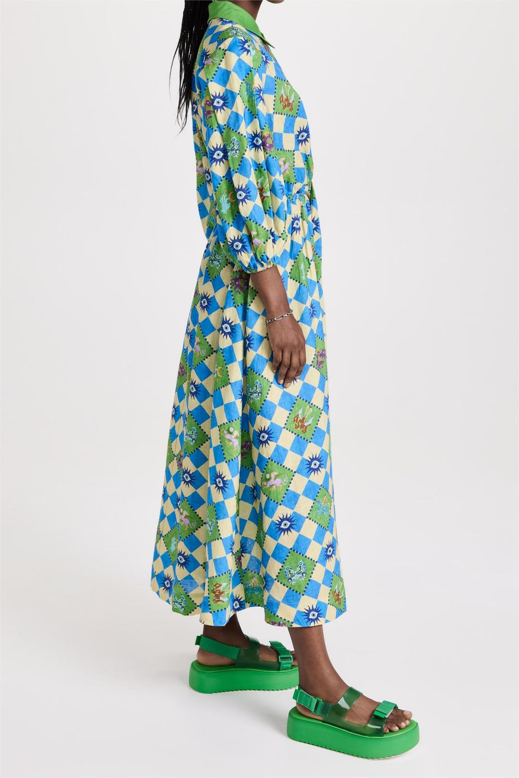 Geometric Patterns Puff Sleeve Cut-out Midi Dress