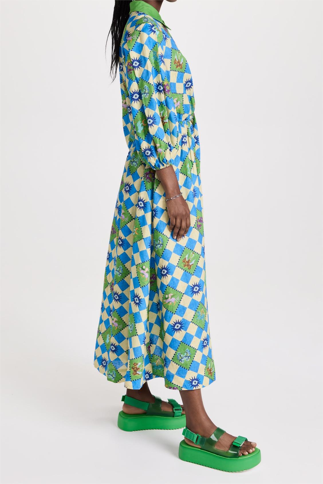 Geometric Patterns Puff Sleeve Cut-out Midi Dress