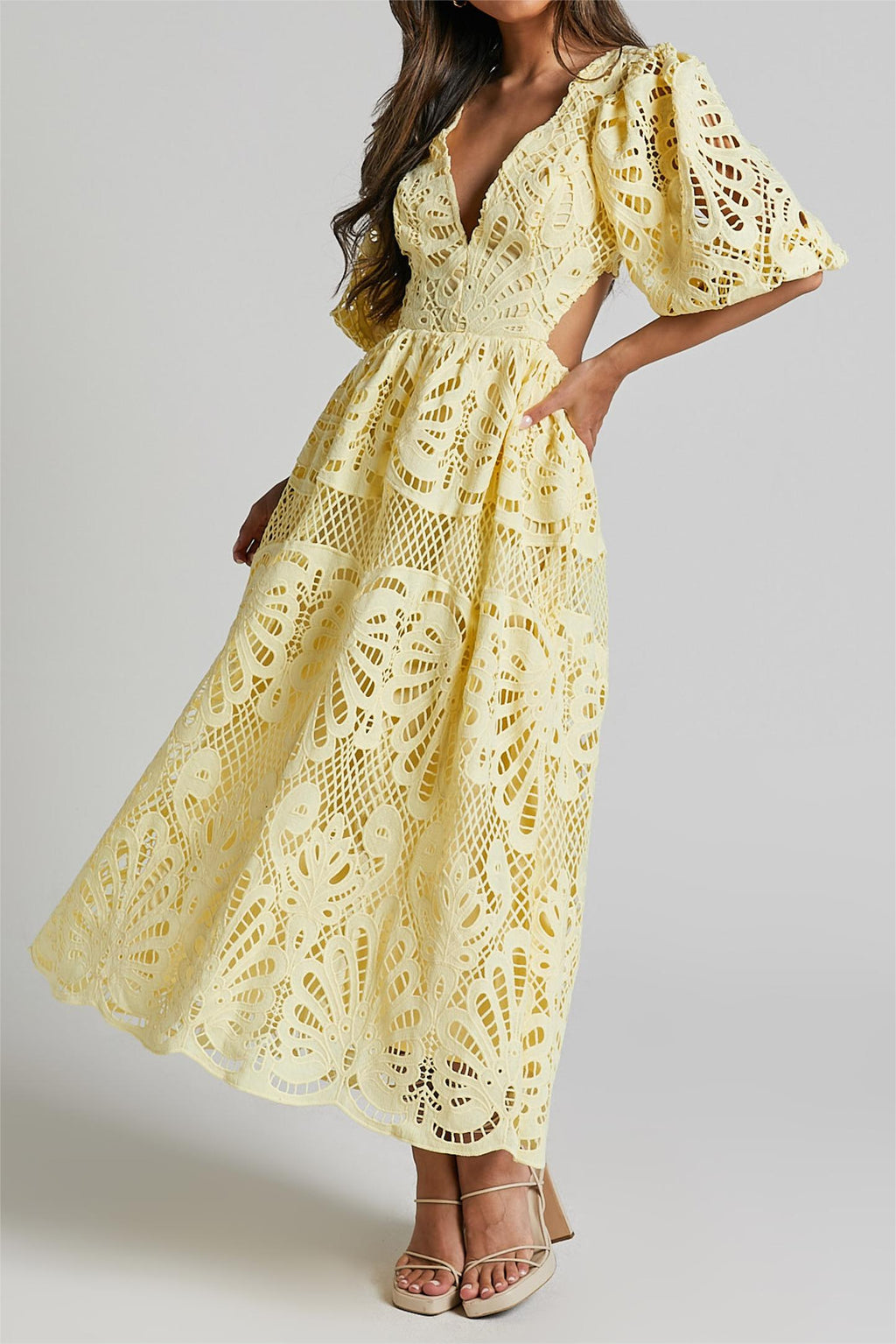 Lace V-neck Cut-out Midi Dress Yellow