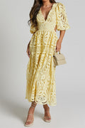 Lace V-neck Cut-out Midi Dress Yellow