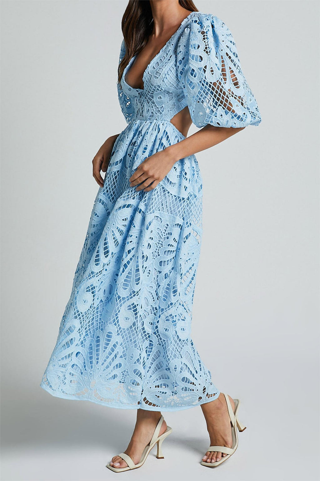 Lace V-neck Cut-out Midi Dress Blue