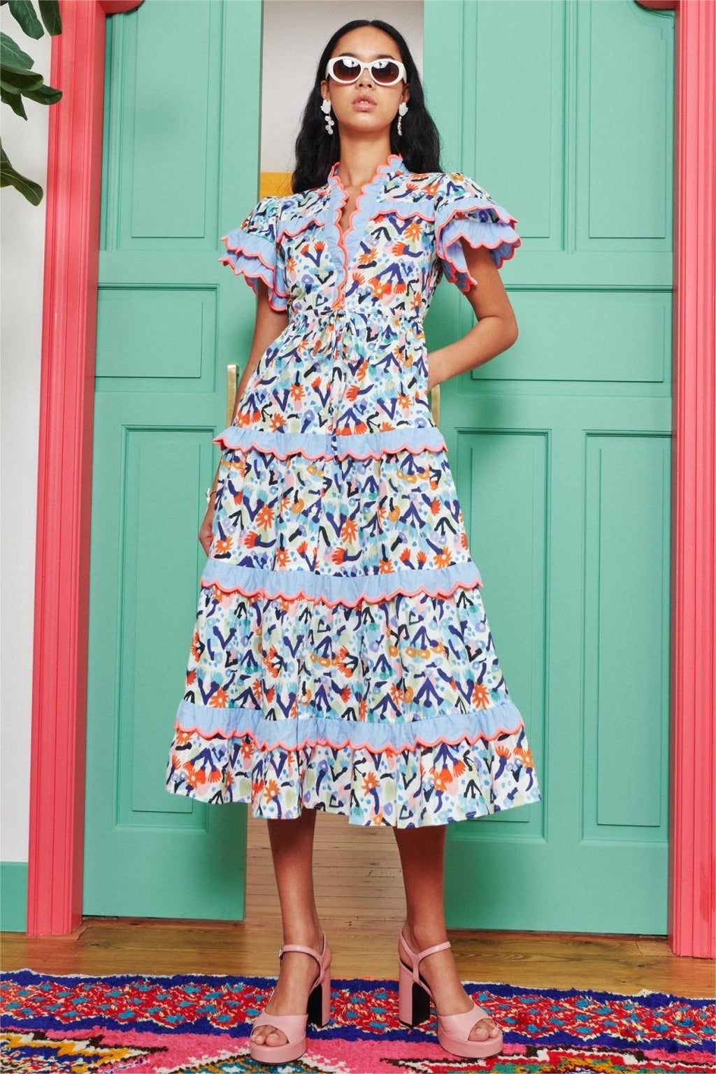 Embroidered V-neck Ruffle Midi Dress