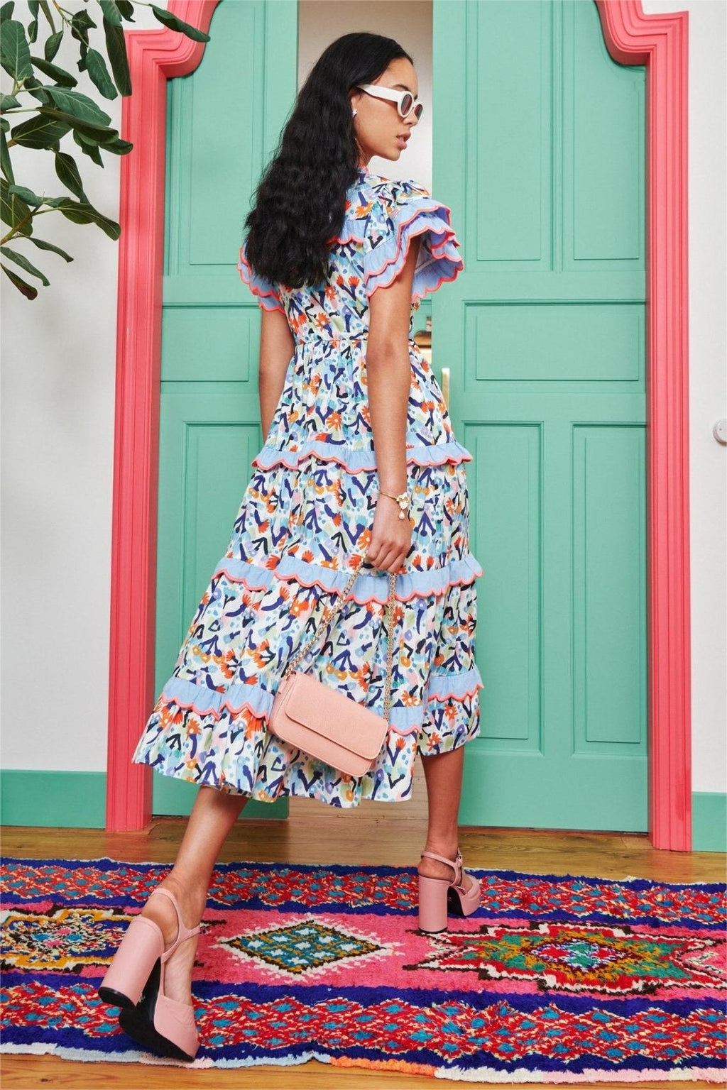 Embroidered V-neck Ruffle Midi Dress