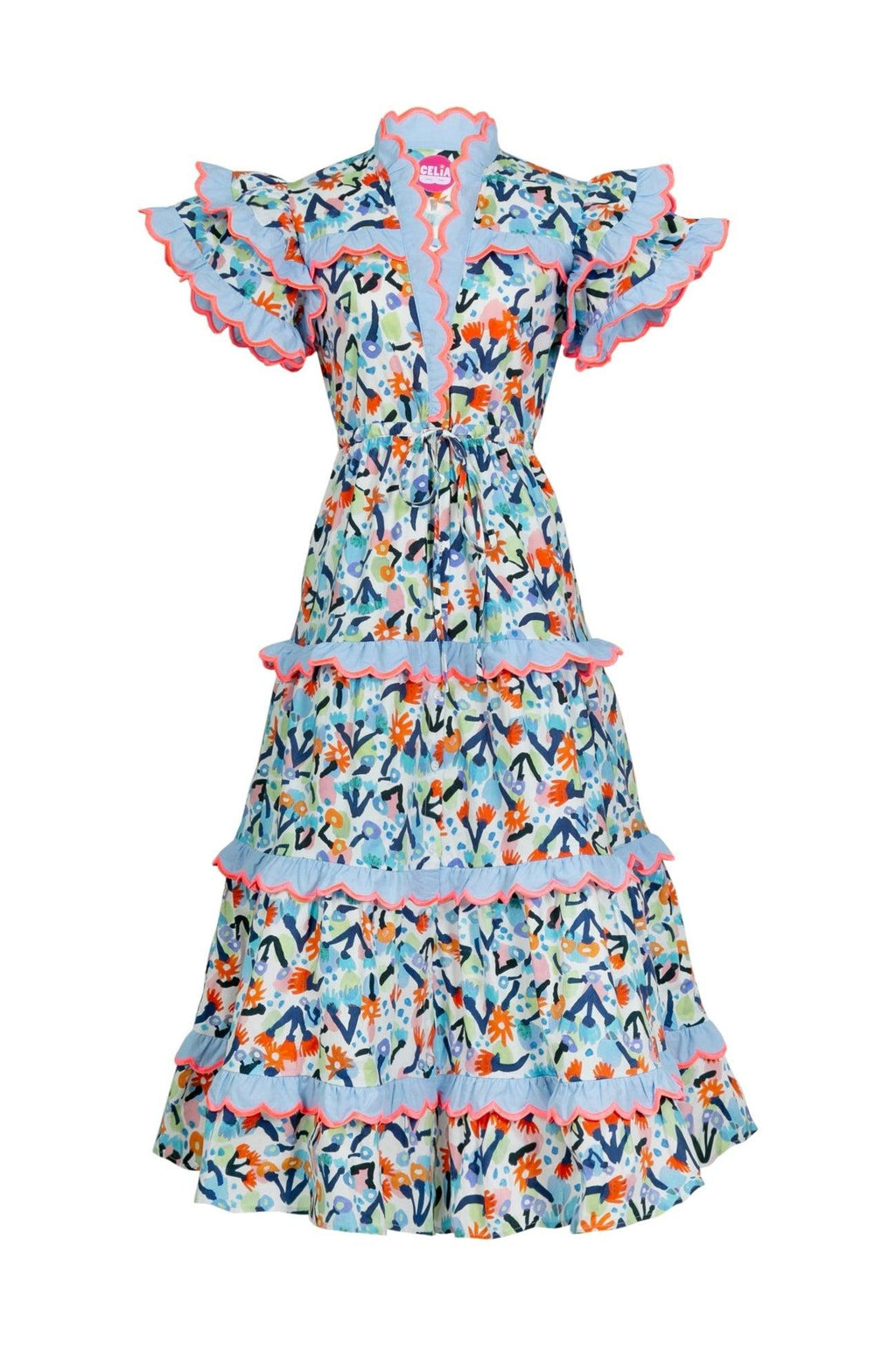 Embroidered V-neck Ruffle Midi Dress