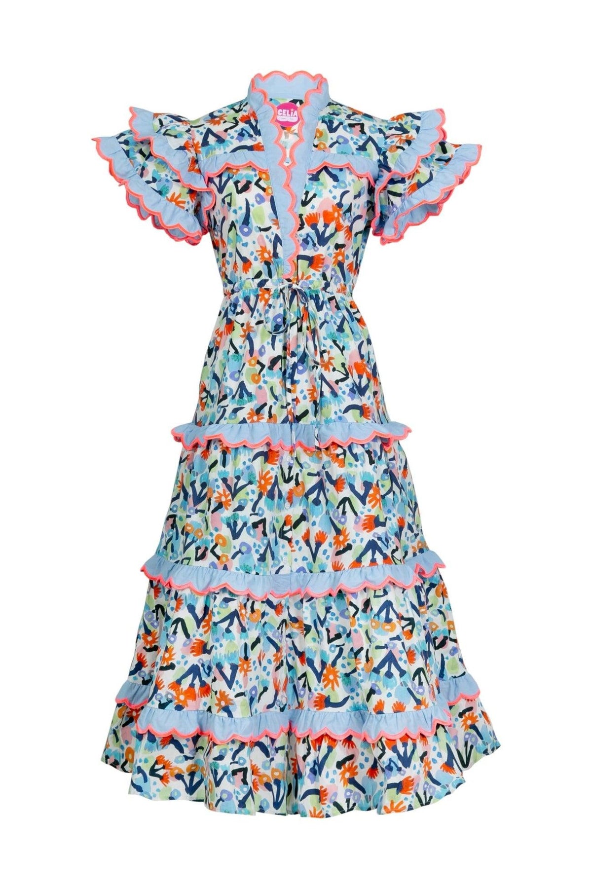 Embroidered V-neck Ruffle Midi Dress
