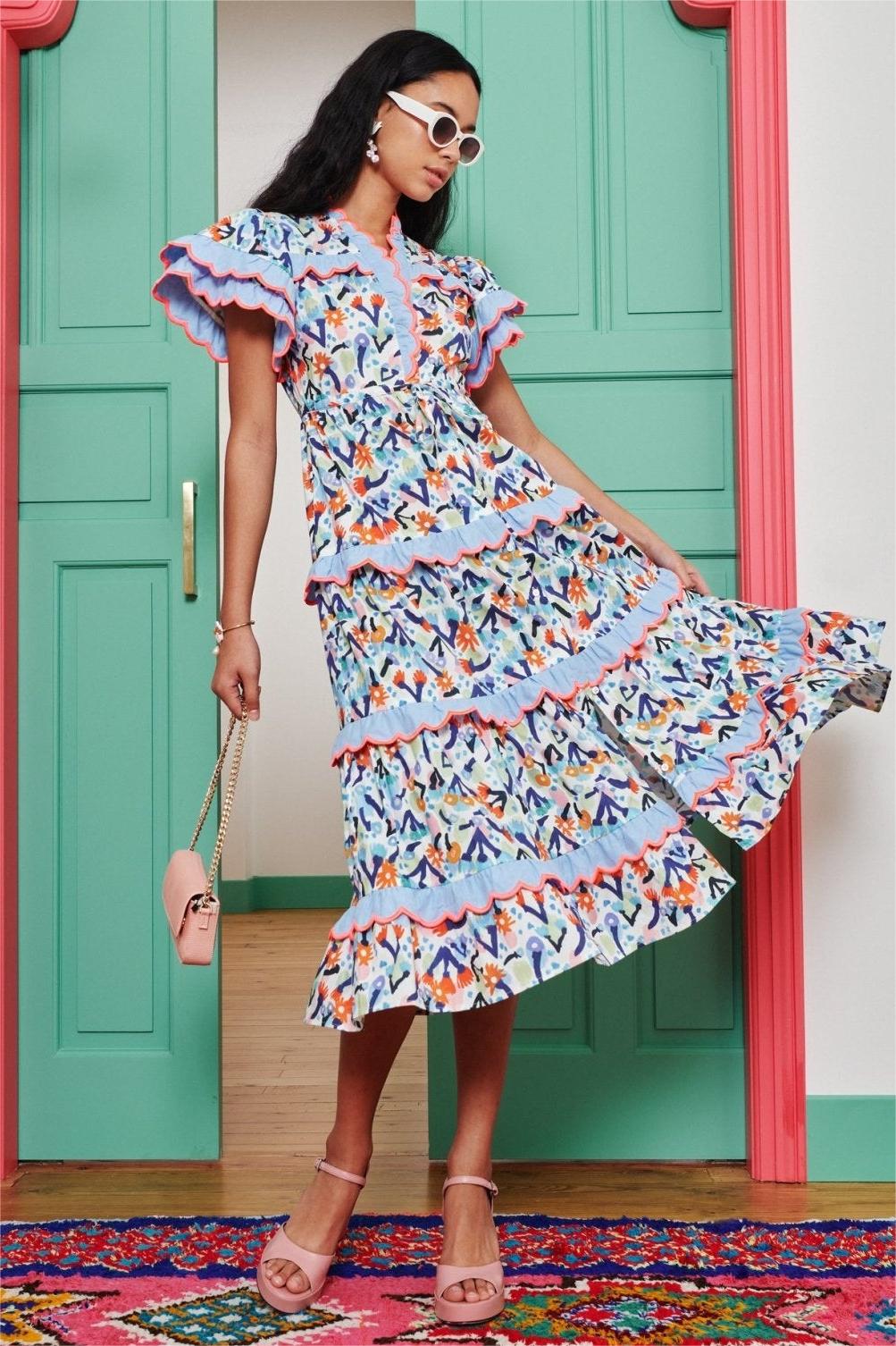 Embroidered V-neck Ruffle Midi Dress