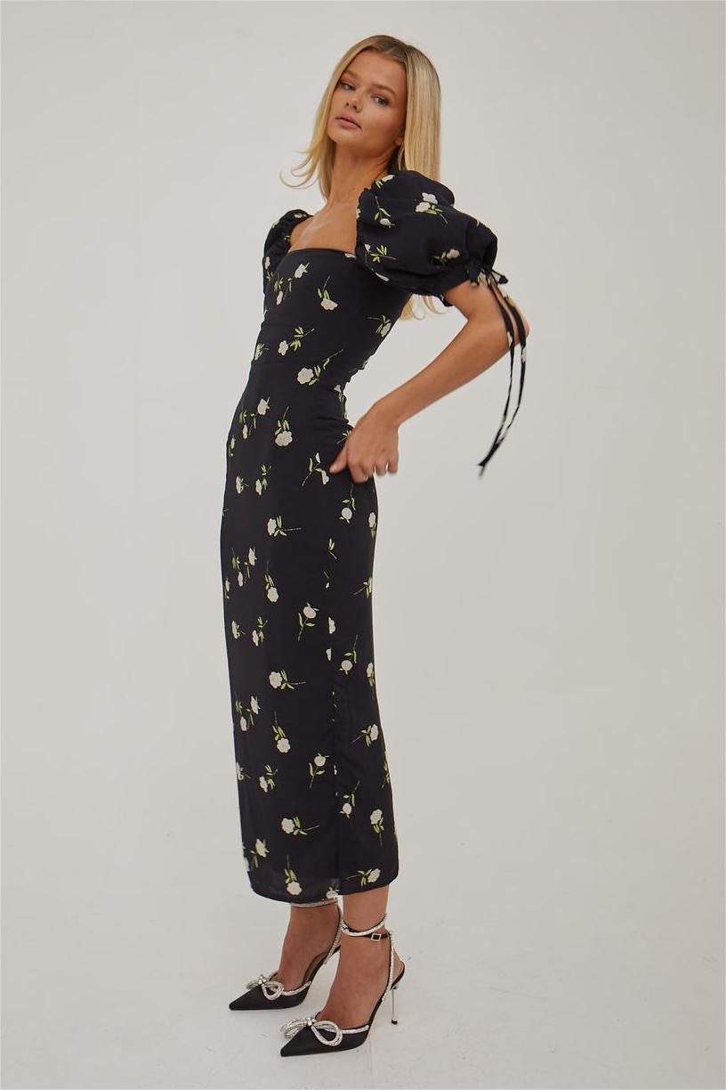 Puff Sleeve Square Neck Midi Dress