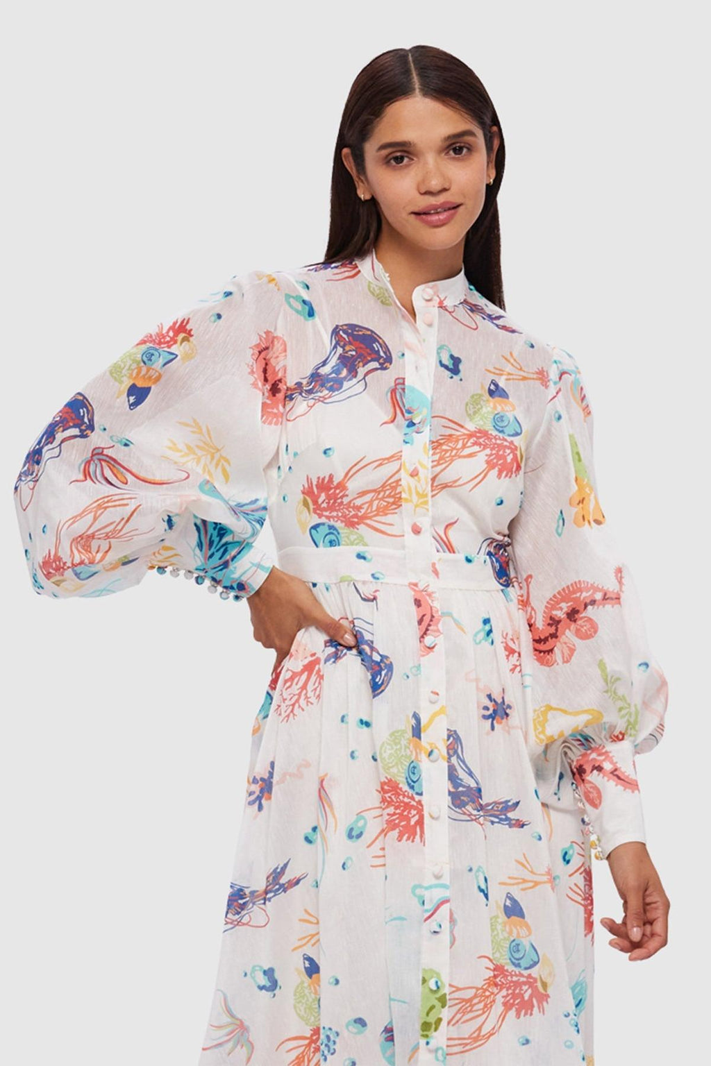 Jellyfish Print Puff Sleeve Midi Dress With Belt