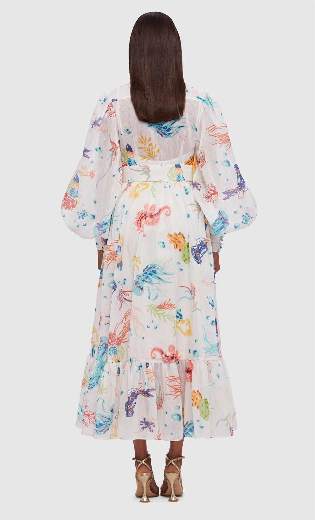Jellyfish Print Puff Sleeve Midi Dress With Belt