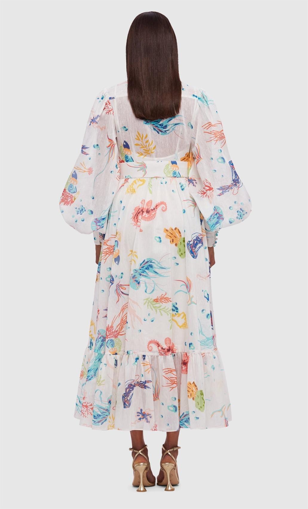 Jellyfish Print Puff Sleeve Midi Dress With Belt