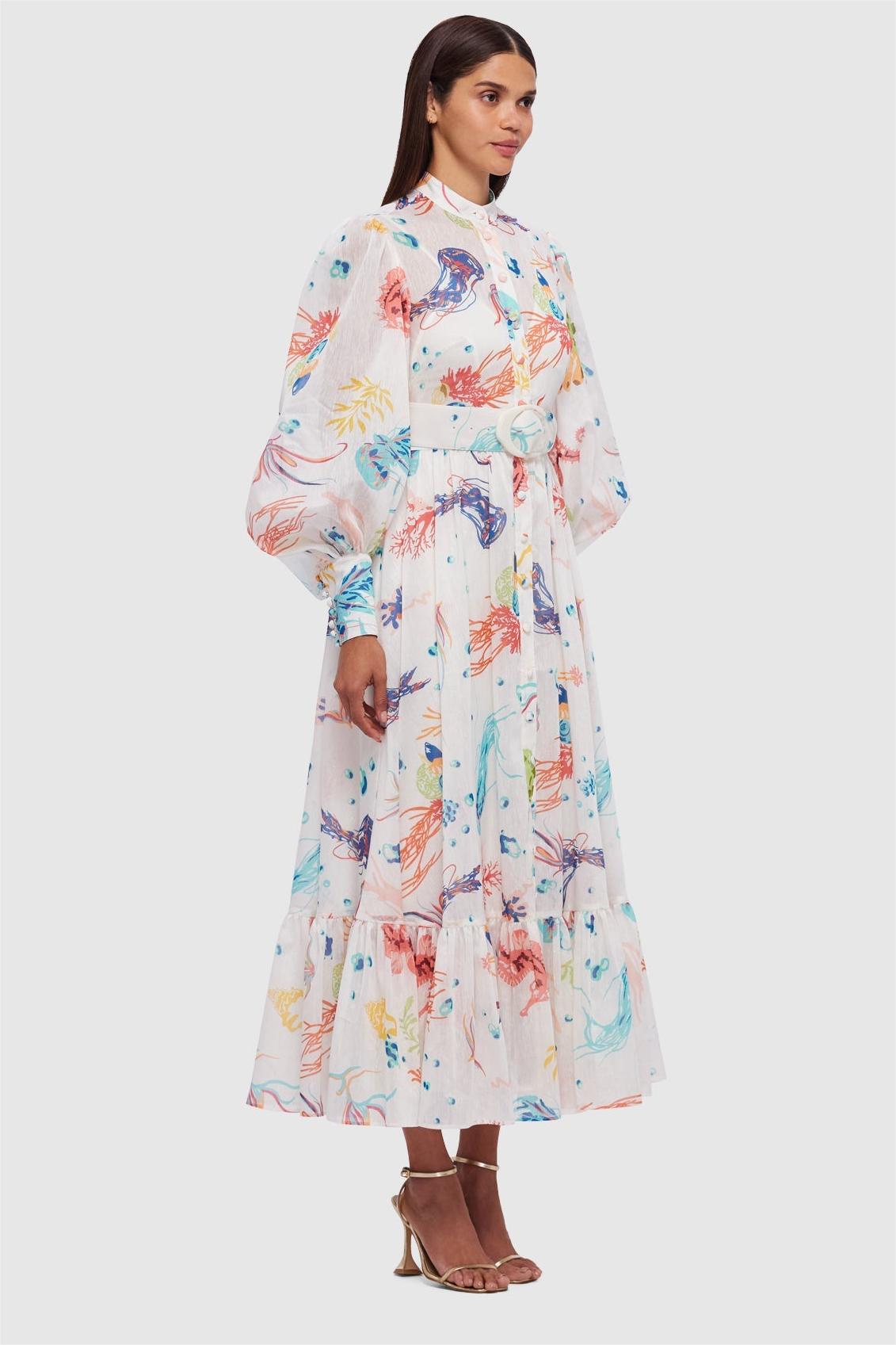 Jellyfish Print Puff Sleeve Midi Dress With Belt