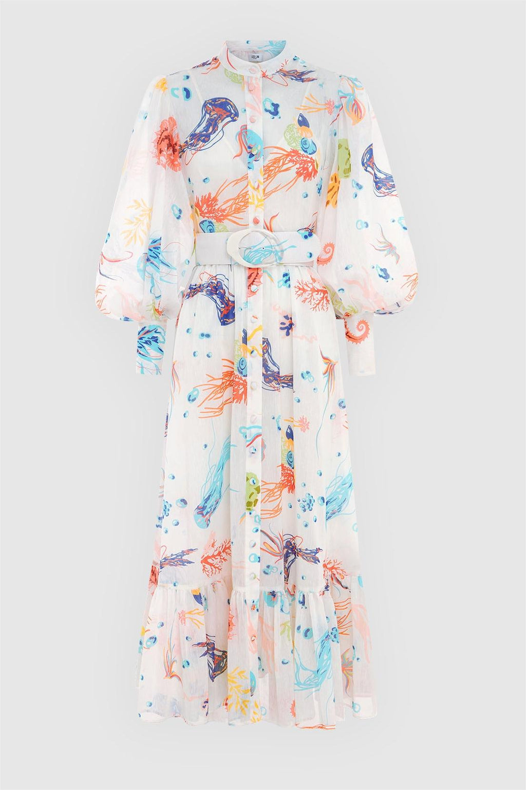 Jellyfish Print Puff Sleeve Midi Dress With Belt
