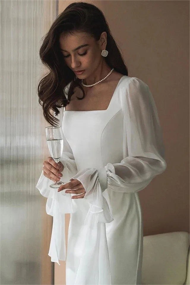 Square Neck Lantern Sleeve Midi Dress