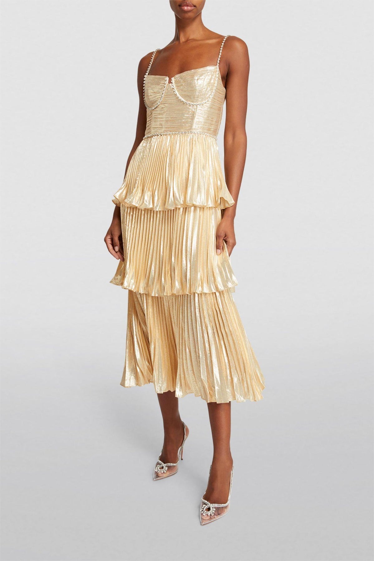 Rhinestone Sleeveless Pleat Midi Dress