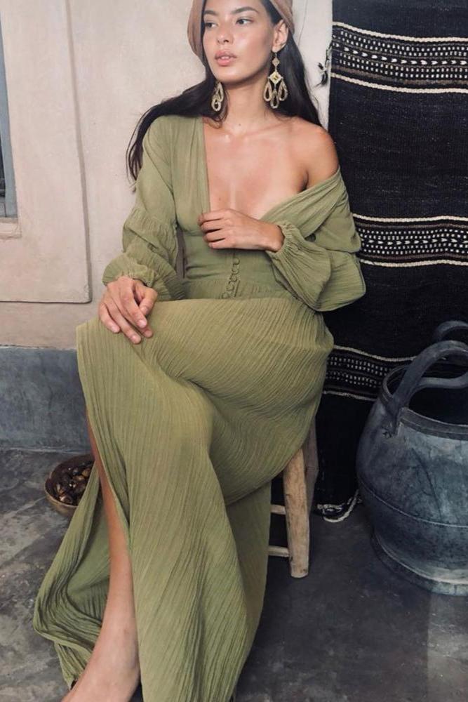 V-neck Lantern Sleeve Button Midi Dress Green