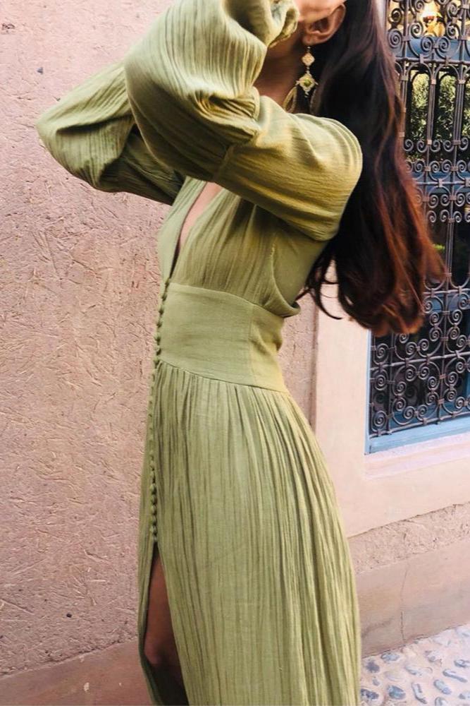 V-neck Lantern Sleeve Button Midi Dress Green