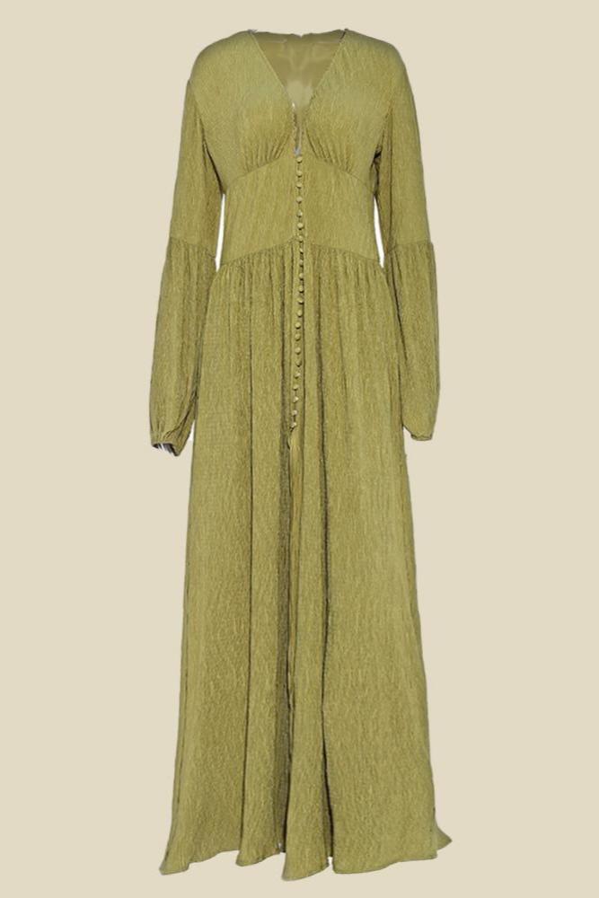 V-neck Lantern Sleeve Button Midi Dress Green