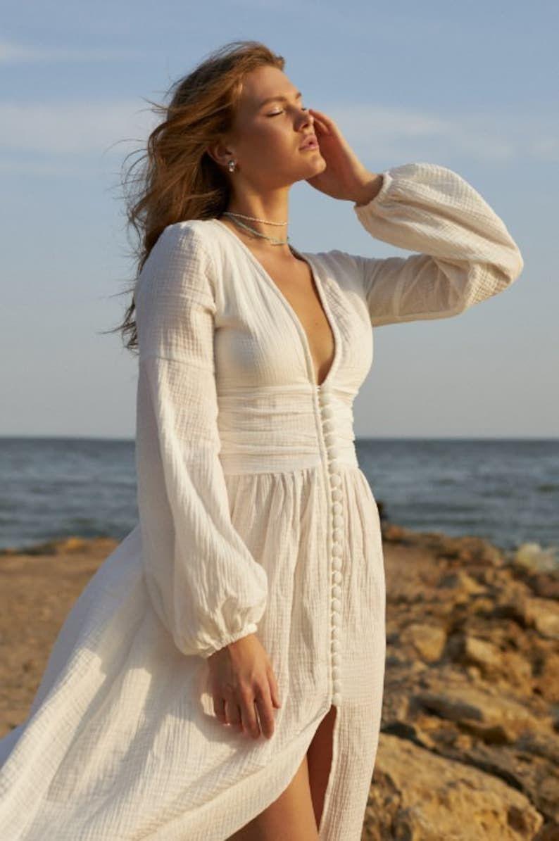 V-neck Lantern Sleeve Button Midi Dress
